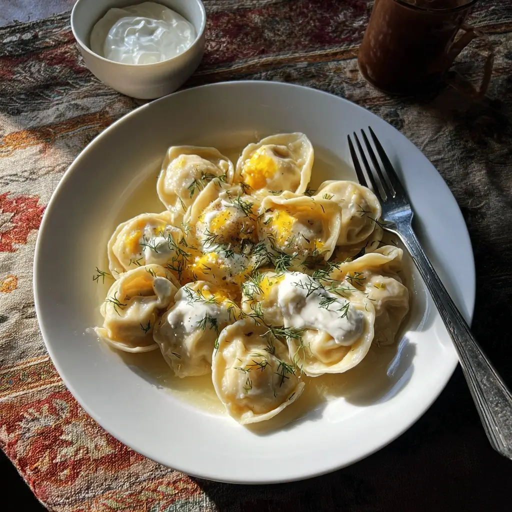 Pelmeni Rezept serviert auf weißem Teller mit Butter und Dill