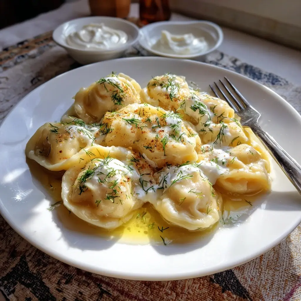 Pelmeni Rezept serviert in einer weißen Schüssel mit Butter, Dill und Schmand