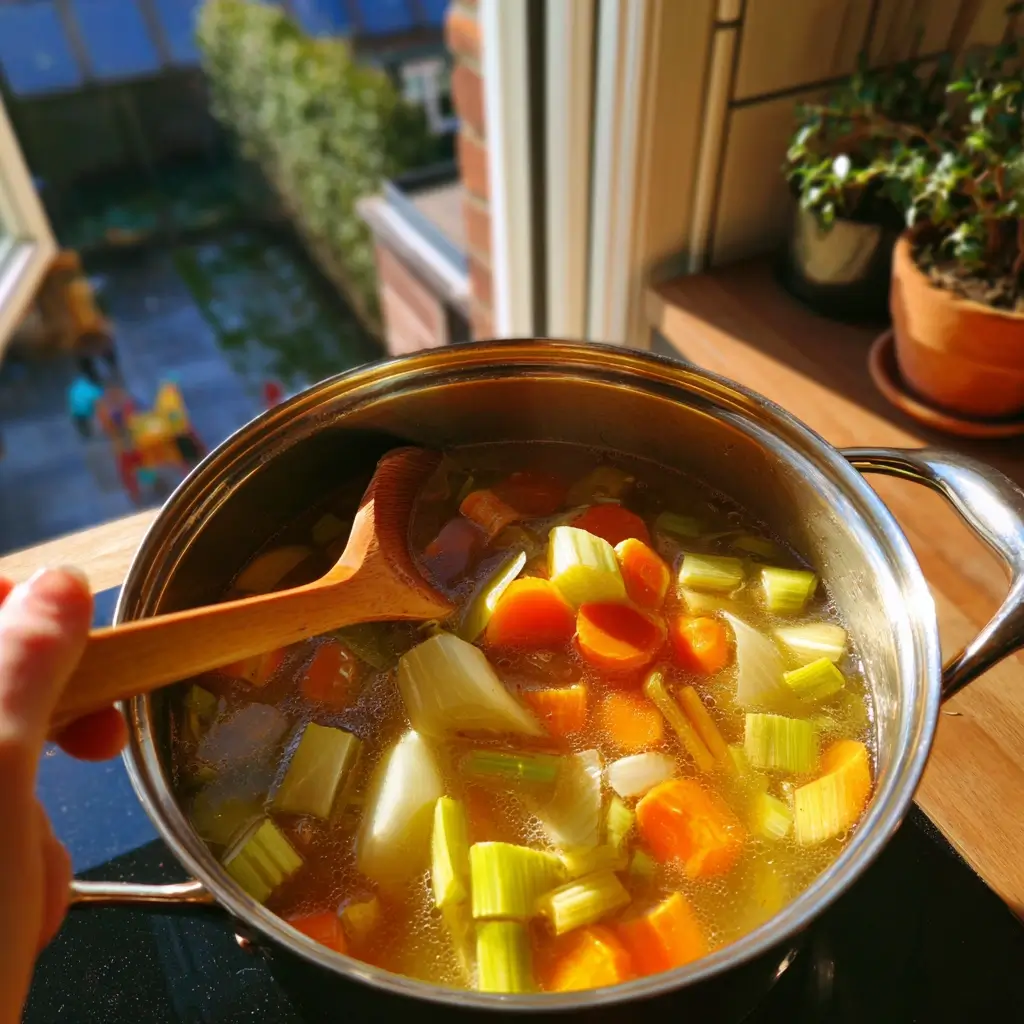 Fischsuppe Rezept Gemüse wie Karotten, Lauch und Sellerie köcheln in Brühe