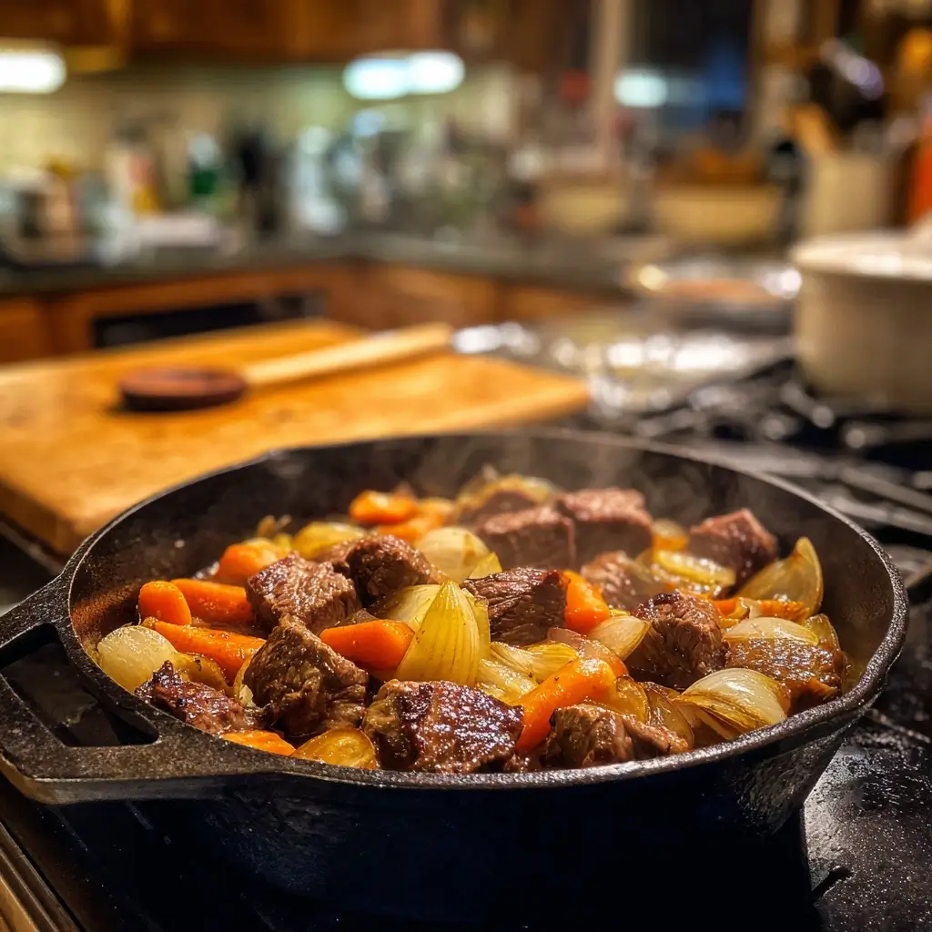 Rehgulasch Fleisch beim scharfen Anbraten in einem gusseisernen Topf.