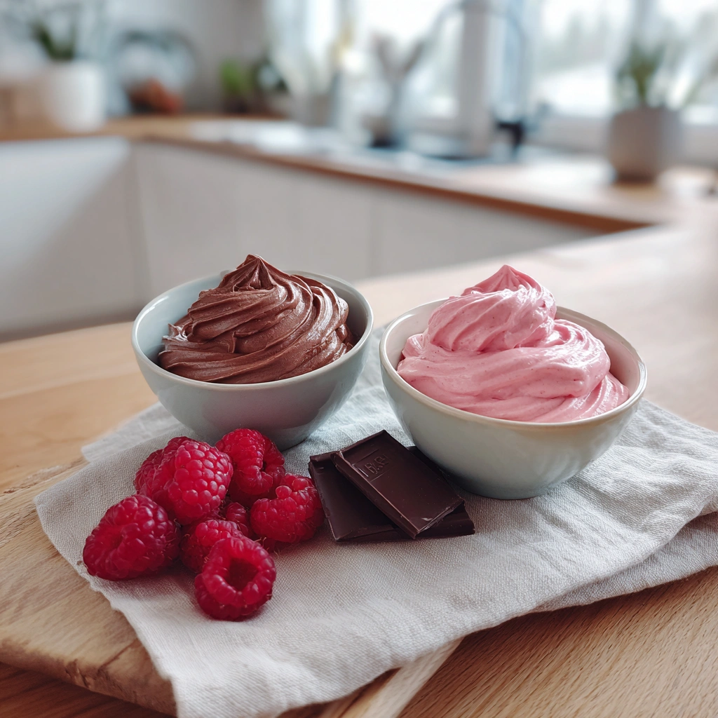 Buttercreme Rezept Variationen: Schokoladen-Buttercreme und Himbeer-Buttercreme in Schalen