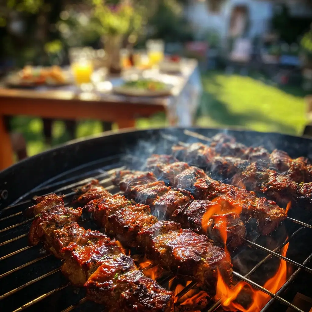 Schaschlik Rezept Spieße auf einem heißen Holzkohlegrill mit Rauch, Flammen und karamellisierter Oberfläche.