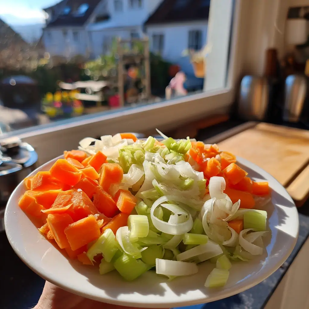 Fischsuppe Rezept vorbereitetes Gemüse wie Karotten, Lauch und Sellerie auf Teller