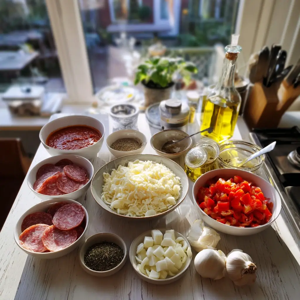 Zutaten für das Pizzasuppe Rezept flach angeordnet: Tomatensauce, Mozzarella, Salami, Paprika, Brühe, Knoblauch, Zwiebeln, Oregano und Basilikum.