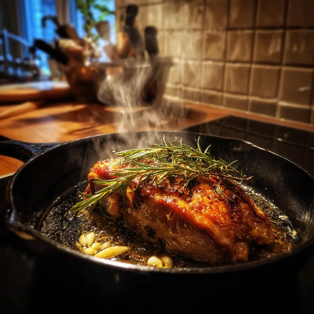 Gänsebrust Rezept beim Anbraten in einer Pfanne mit aromatischen Kräutern.