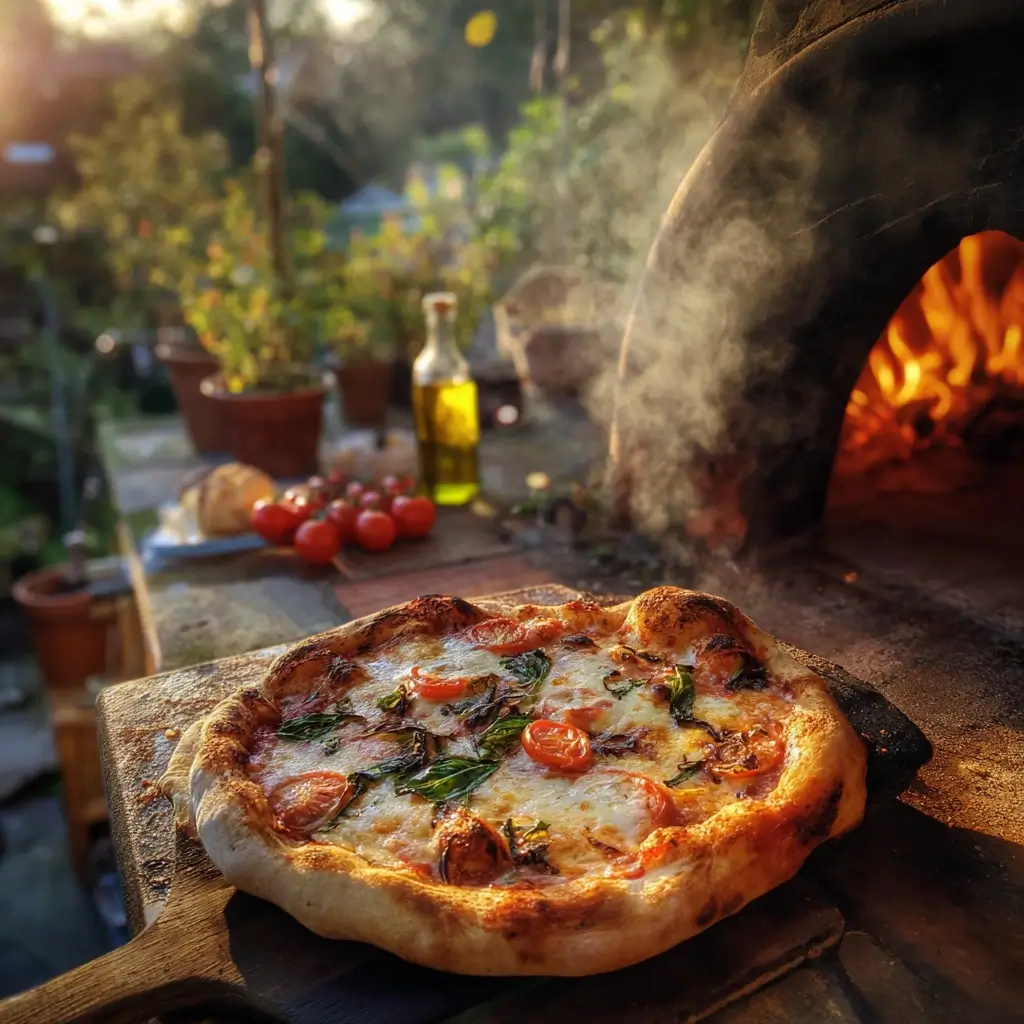 Authentische italienische Szene mit pizza ofen im Garten während der goldenen Stunde, knusprige Margherita im Ofen, warme Stimmung.