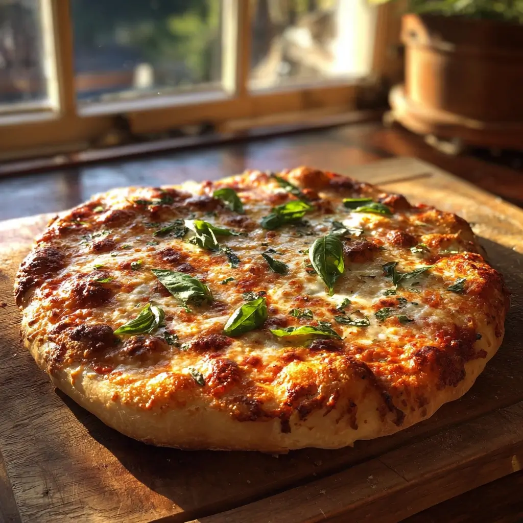 Heiße Margherita Pizza frisch aus dem pizza ofen auf Holzbrett mit geschmolzenem Käse und Basilikum.