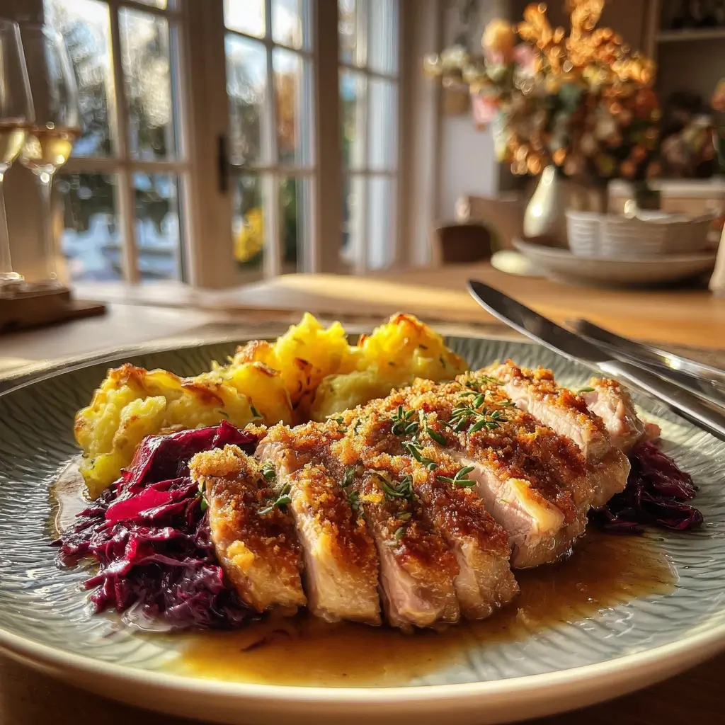 Festlich angerichteter Teller mit Gänsebrust Rezept, Rotkohl und Kartoffelgratin.