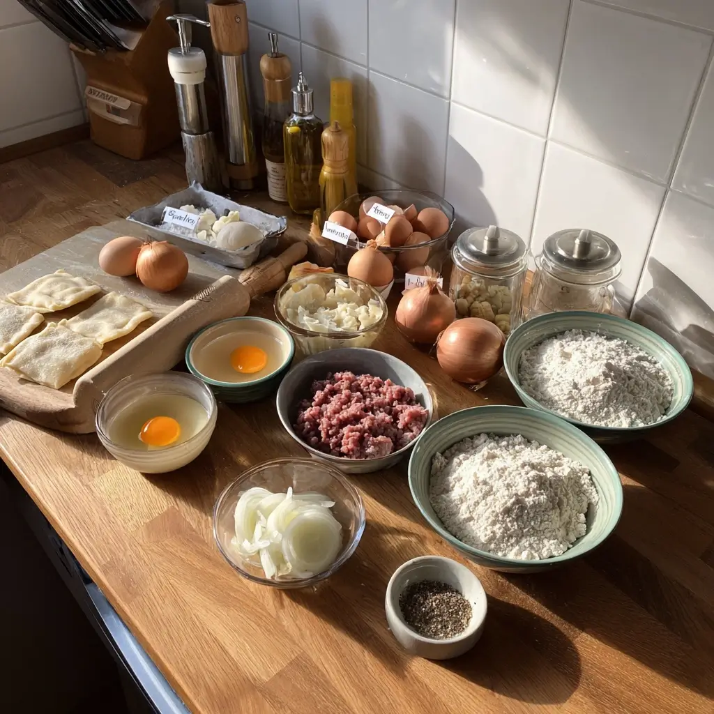 Pelmeni Rezept Zutaten flach auf einem Holztisch arrangiert