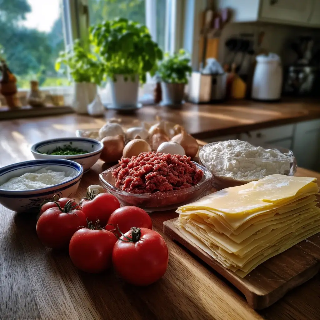 Frische Zutaten für ein lasagne rezept einfach auf einem Küchentisch arrangiert