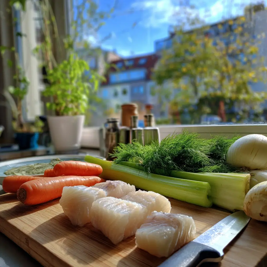 Fischsuppe Rezept Zutaten mit frischem Fisch, Gemüse und Kräutern auf Schneidebrett