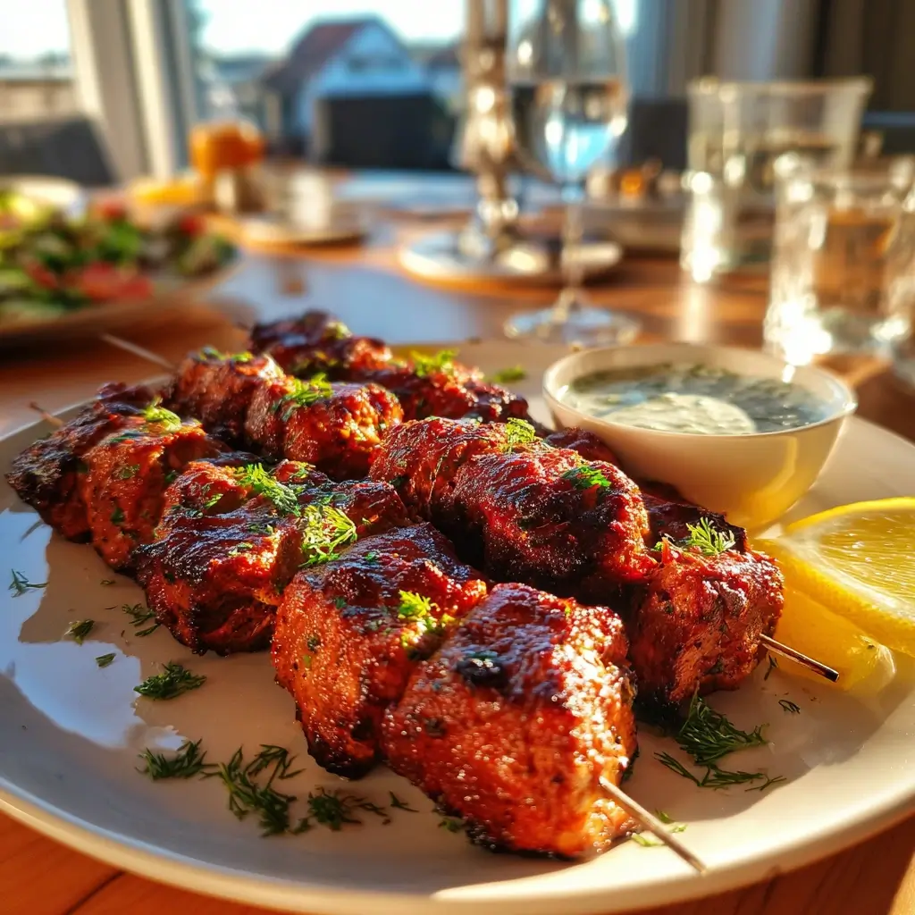 Fertig serviertes Schaschlik Rezept auf einem weißen Teller mit frischen Kräutern und Dip.