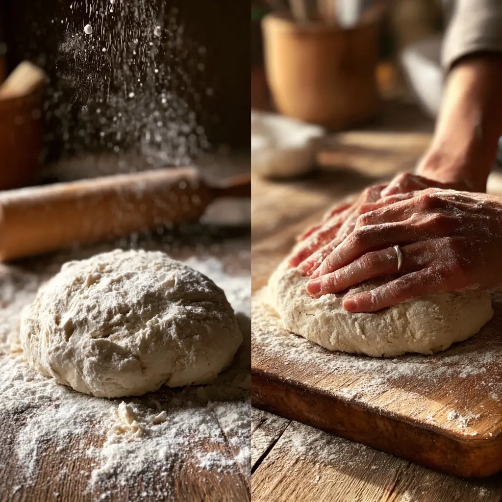 Pelmeni Rezept Teig auf bemehlter Arbeitsfläche vorbereitet