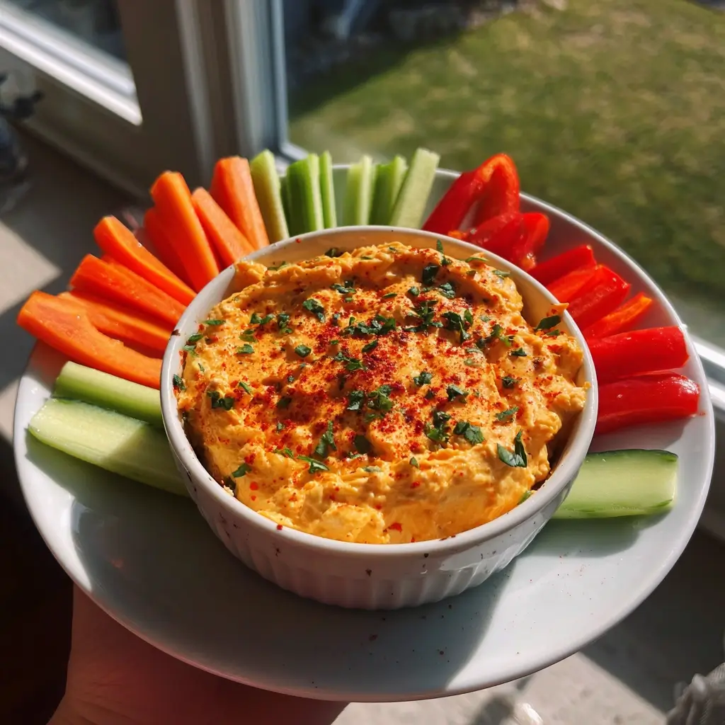 Cremiger Liptauer Rezept Dip in einer Schale, serviert mit frischen Gemüsesticks.