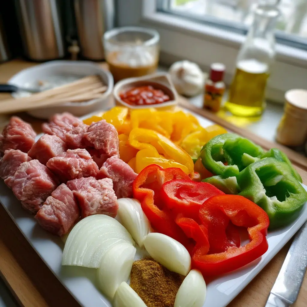 Frische Zutaten für ein Schaschlik Rezept, darunter Fleischwürfel, Paprika, Zwiebeln, Gewürze und Holzspieße auf einer hellen Küchenfläche.