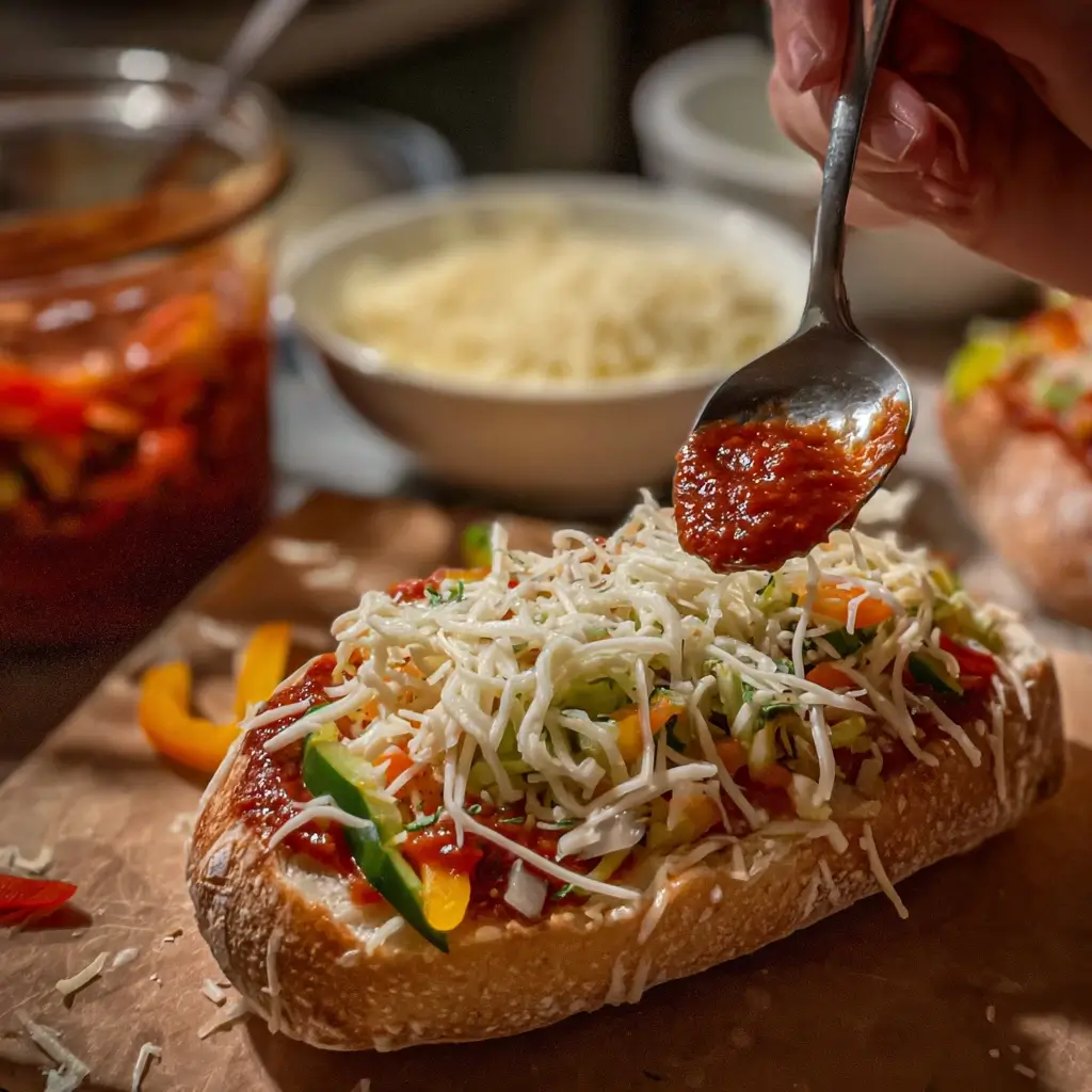 Pizza brötchen werden mit Tomatensoße, Gemüse und Käse belegt.