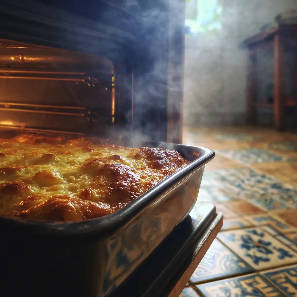 Lasagne Rezept Original frisch im Ofen mit goldbrauner, dampfender Kruste in einer Auflaufform, aufgenommen beim Herausnehmen aus dem Backofen.