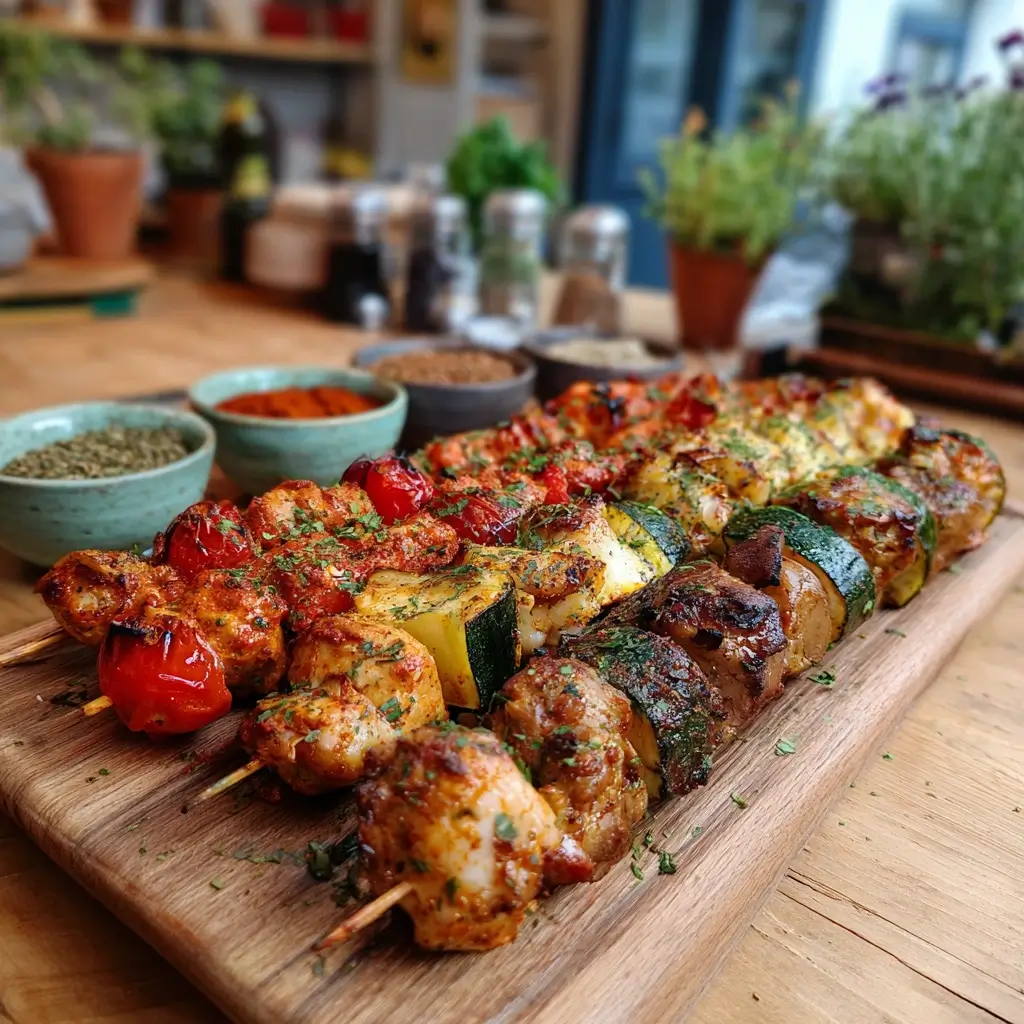 Drei Varianten eines Schaschlik Rezeptes: Schwein, Hähnchen und vegetarische Gemüsespieße auf einem Servierteller.