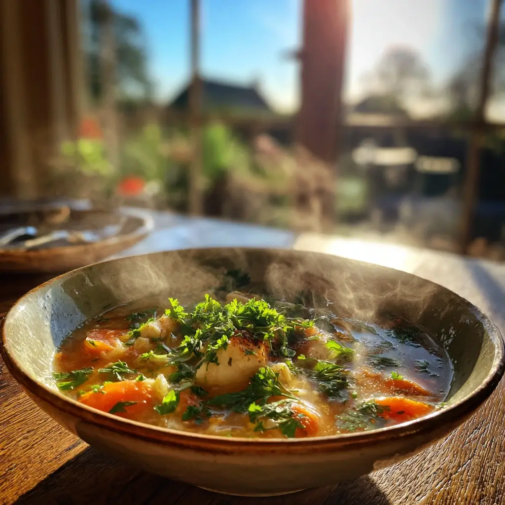 Fischsuppe Rezept servierte warme Fischsuppe mit Gemüse und frischen Kräutern im Sonnenlicht