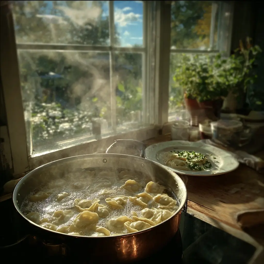 Pelmeni Rezept Teigtaschen im kochenden Wasser und servierfertig