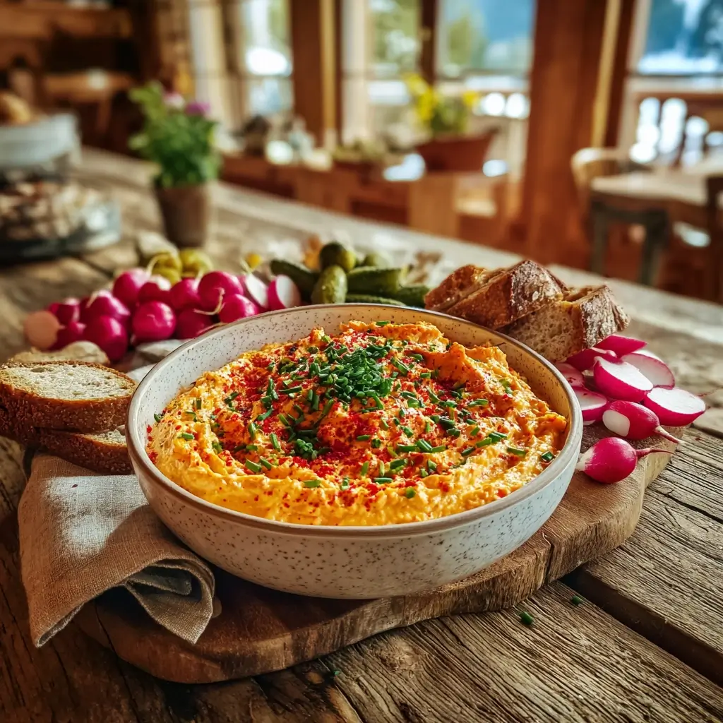Rustikales Liptauer Rezept in einer Schale, serviert mit Brot, Radieschen und Essiggurken auf Holztisch.