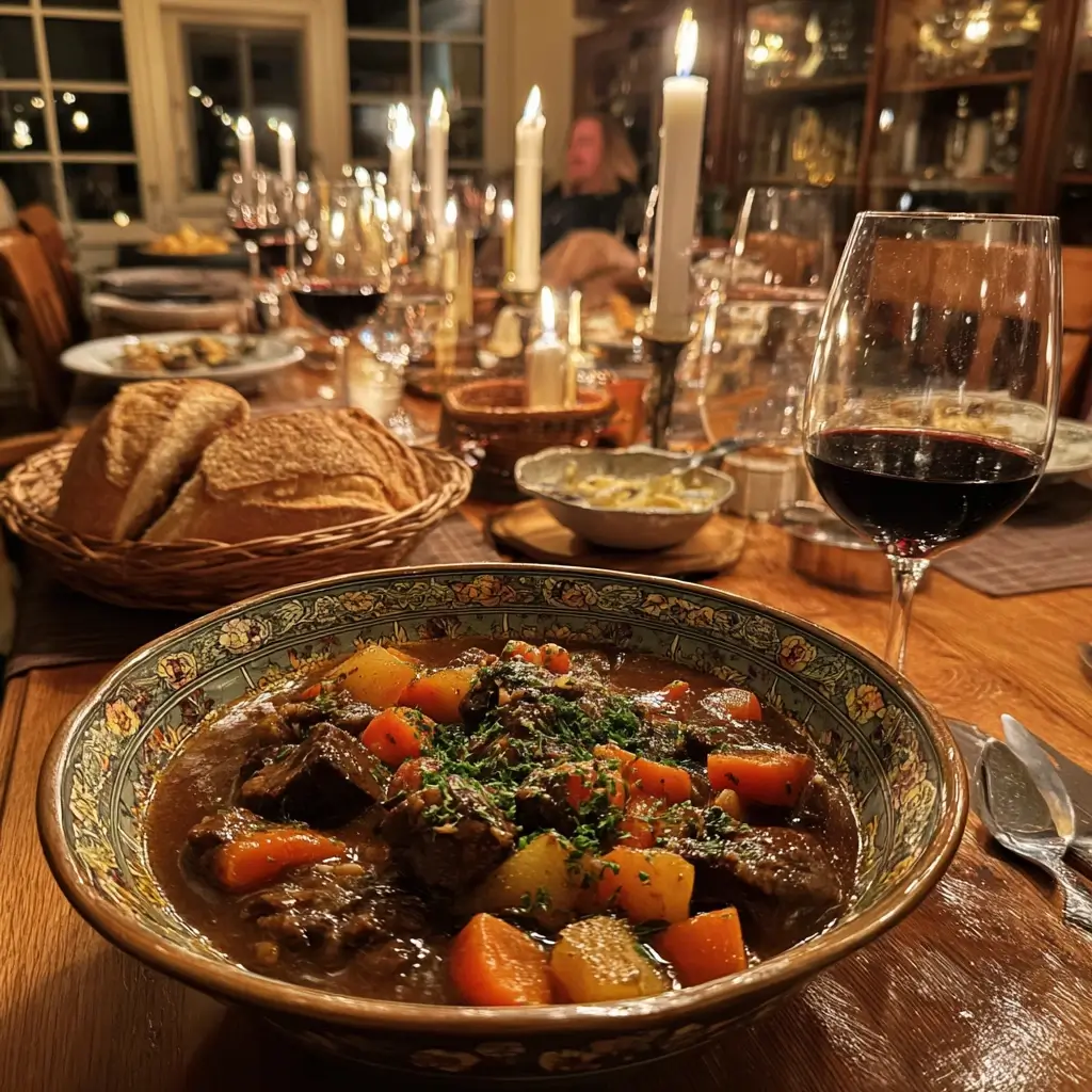 Rehgulasch auf einem warm gedeckten Esstisch ohne Personen, mit Brot und Wein.