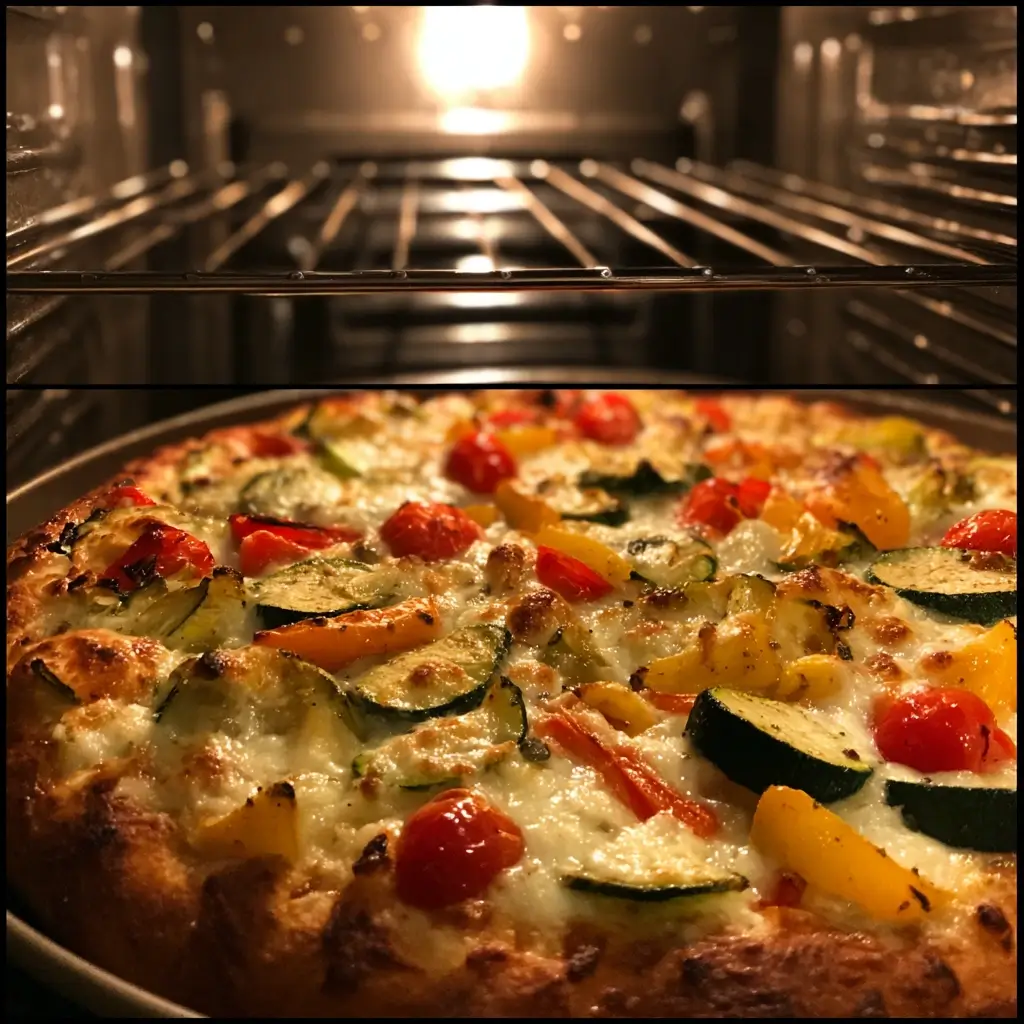 Happiness Pizza im Ofen, geschmolzener Käse und goldbrauner Boden