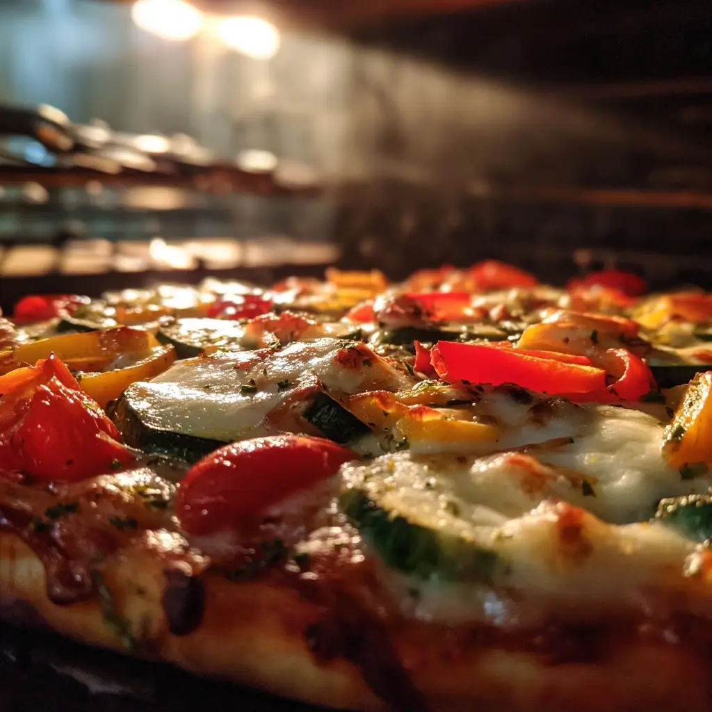 Glückliche Happiness Pizza mit geschmolzenem Käse und frischem Gemüse auf rustikalem Holzbrett