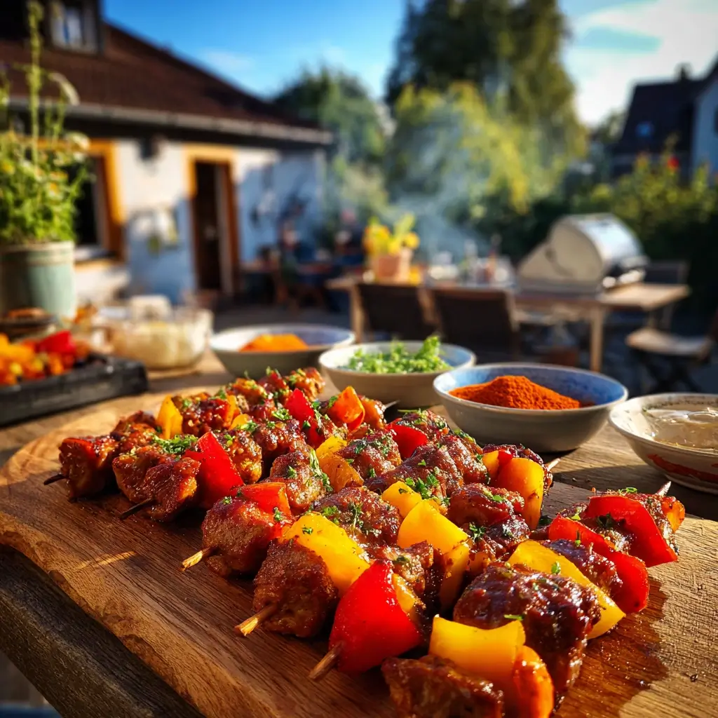 Saftige Grillspieße vom Schaschlik Rezept mit mariniertem Fleisch, Paprika und frischen Kräutern auf einem Holzbrett, serviert im Garten bei warmem Sonnenlicht.