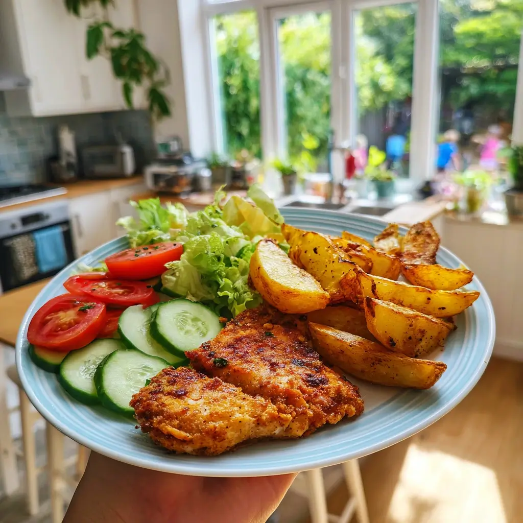 Airfryer Rezepte Hähnchen knusprige Hähnchenstücke mit Kartoffelspalten und frischem Salat auf Teller in heller Küche