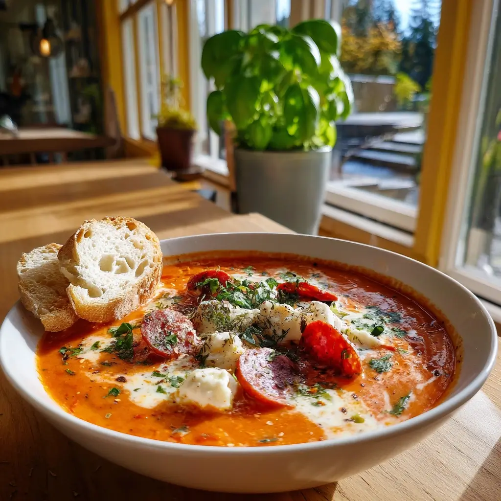 Fertiges Pizzasuppe Rezept in einer Schüssel serviert, mit frischem Brot und Kräutern als Beilage.