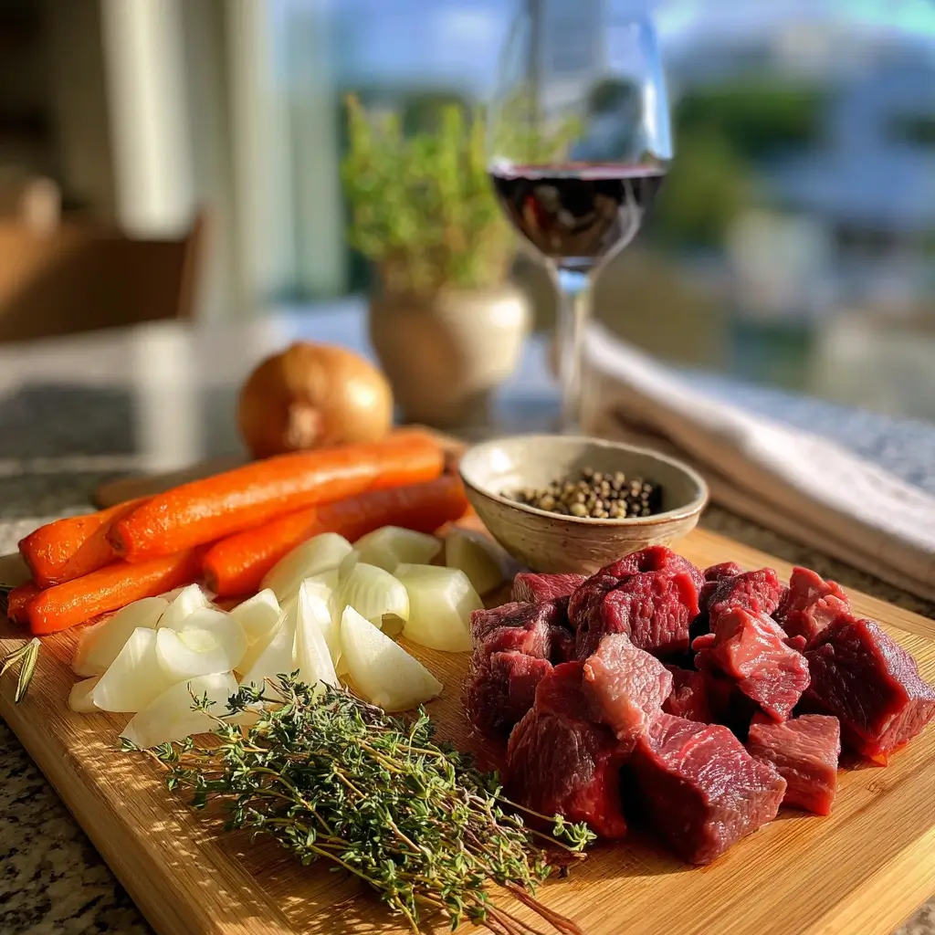 Frische Zutaten für rehgulasch auf einem Holzbrett in einer hellen Küche.