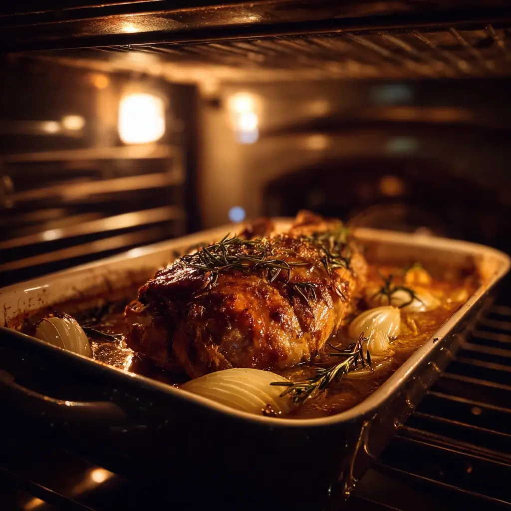 Gänsebrust Rezept im Ofen in einer Auflaufform mit Kräutern und Fond.