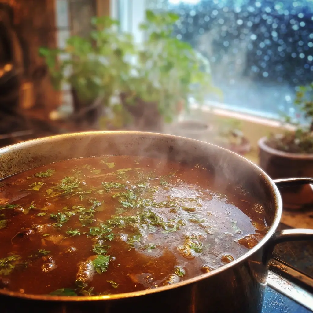 Rehgulasch köchelt langsam in einer dunklen Sauce mit Kräutern.