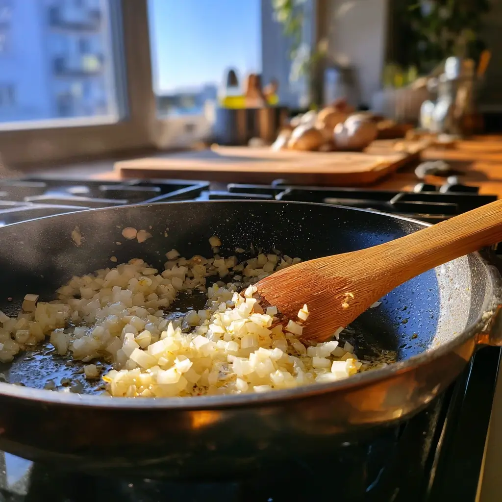Zwiebeln und Knoblauch werden für das Pizzasuppe Rezept in Olivenöl angebraten, um eine aromatische Basis zu schaffen.