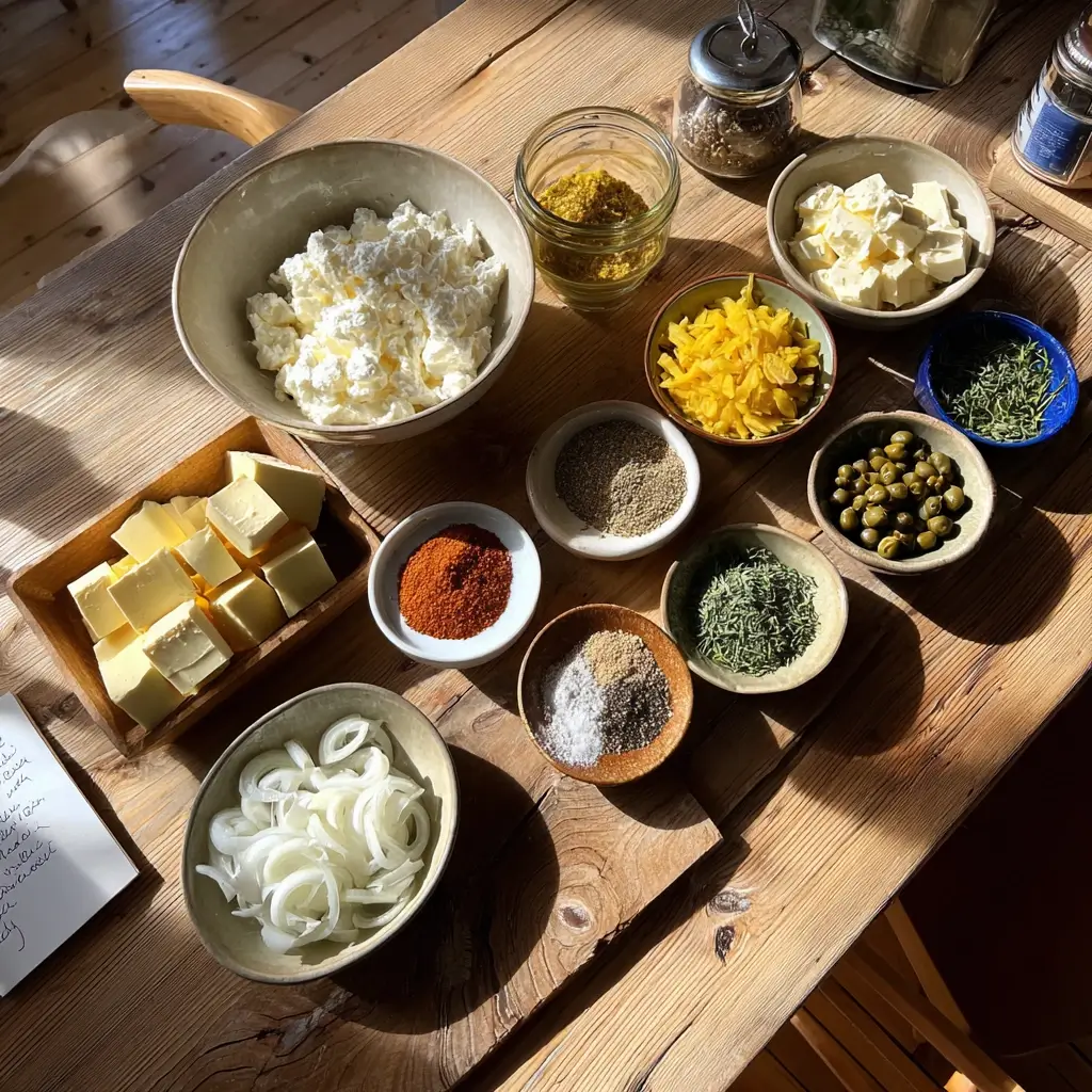 Zutaten für ein authentisches Liptauer Rezept arrangiert auf Holztisch.