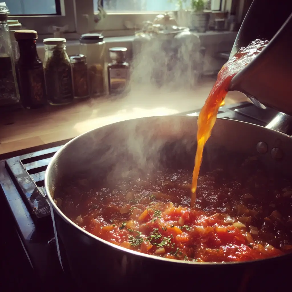 Tomatensauce und Gemüsebrühe werden in einen Topf gegossen, um die Basis des Pizzasuppe Rezepts zu bilden.