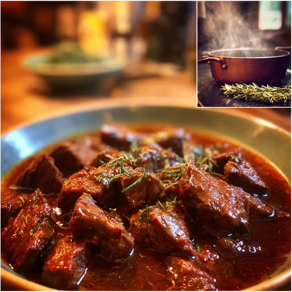 Nahaufnahme von rehgulasch Sauce und zartem Wildfleisch in glänzender Optik.