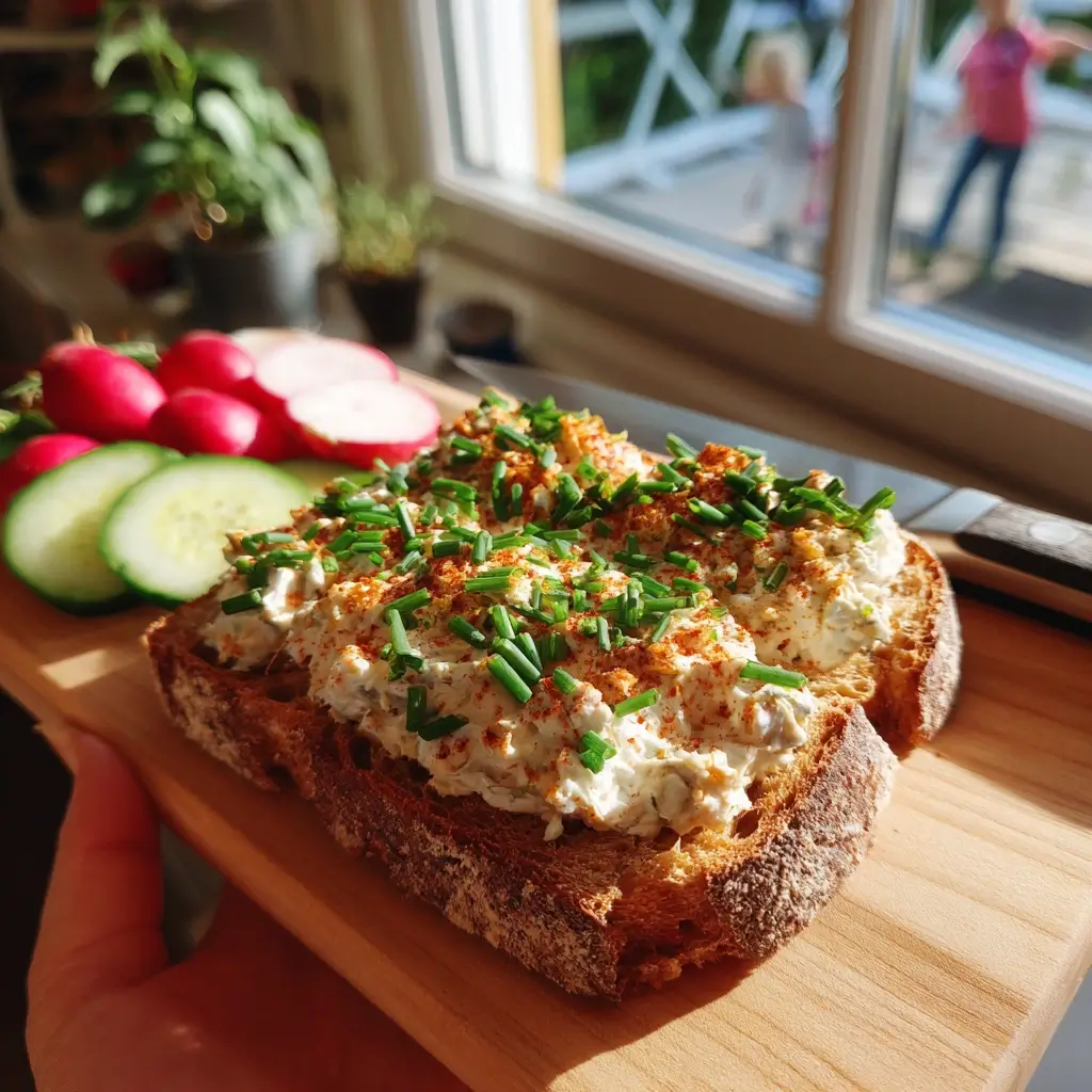 Liptauer Rezept auf Bauernbrot serviert mit Kräutern und Gemüse.