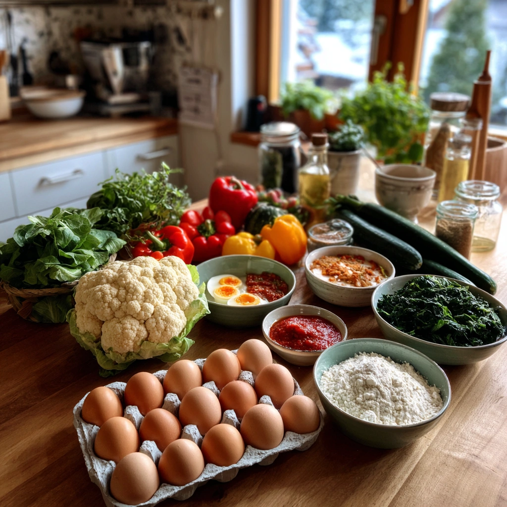 Zutaten für kalorien pizza – Blumenkohl, Vollkornmehl, Mozzarella, Quark, Eier und Gemüse auf einem Holztisch.