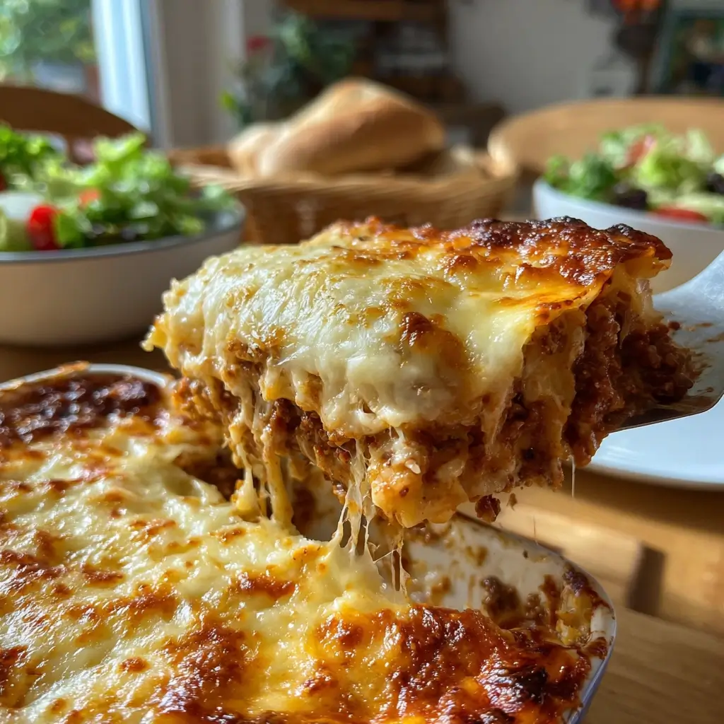 Ein Stück vom Lasagne Rezept Original wird mit einem Spatel aus der Auflaufform gehoben, geschmolzener Käse zieht Fäden.