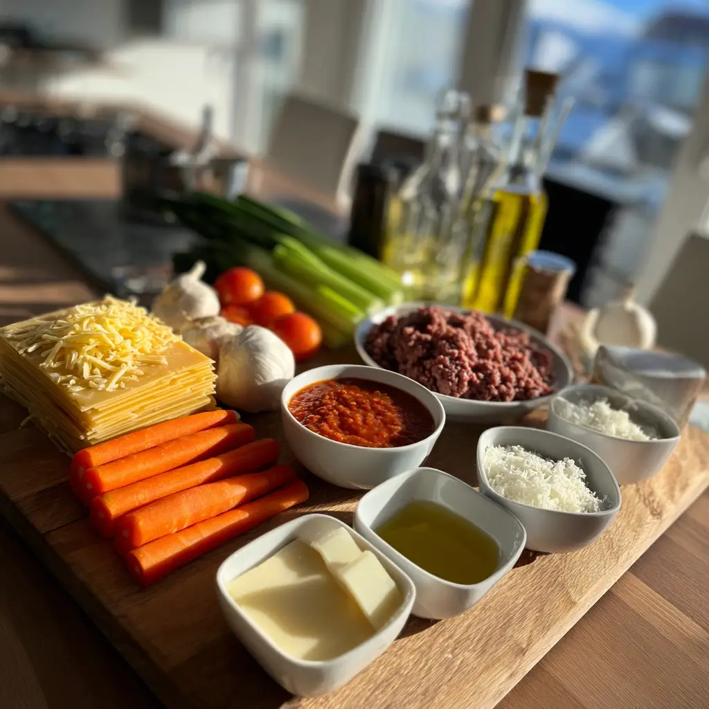 Zutaten für das Lasagne Rezept Original mit frischem Gemüse, Hackfleisch, Käse und Lasagneplatten auf einem Holztisch arrangiert.
