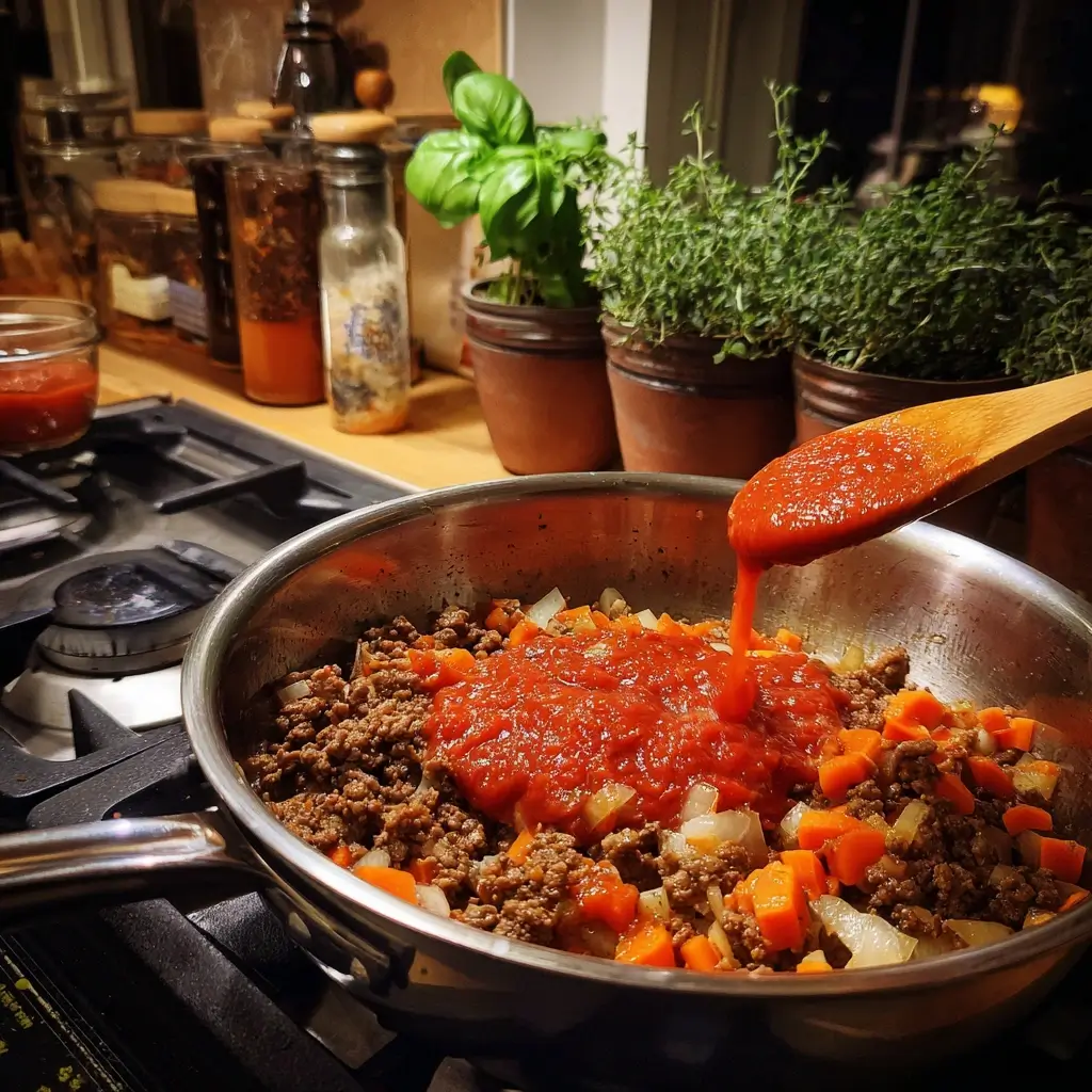 bolognese für lasagne rezepte in einer Pfanne mit frischem Gemüse und Tomatensauce