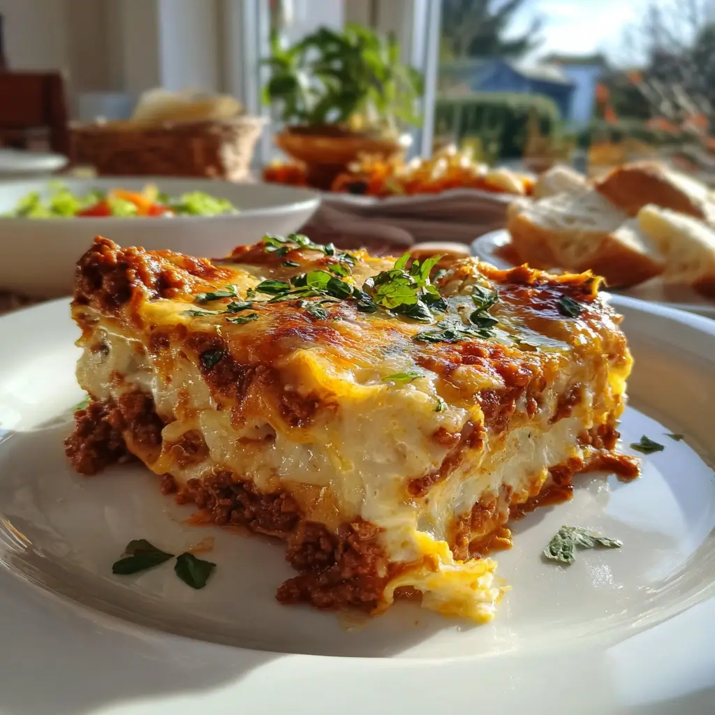 Rezept lasagne serviert auf weißem Teller mit Basilikum