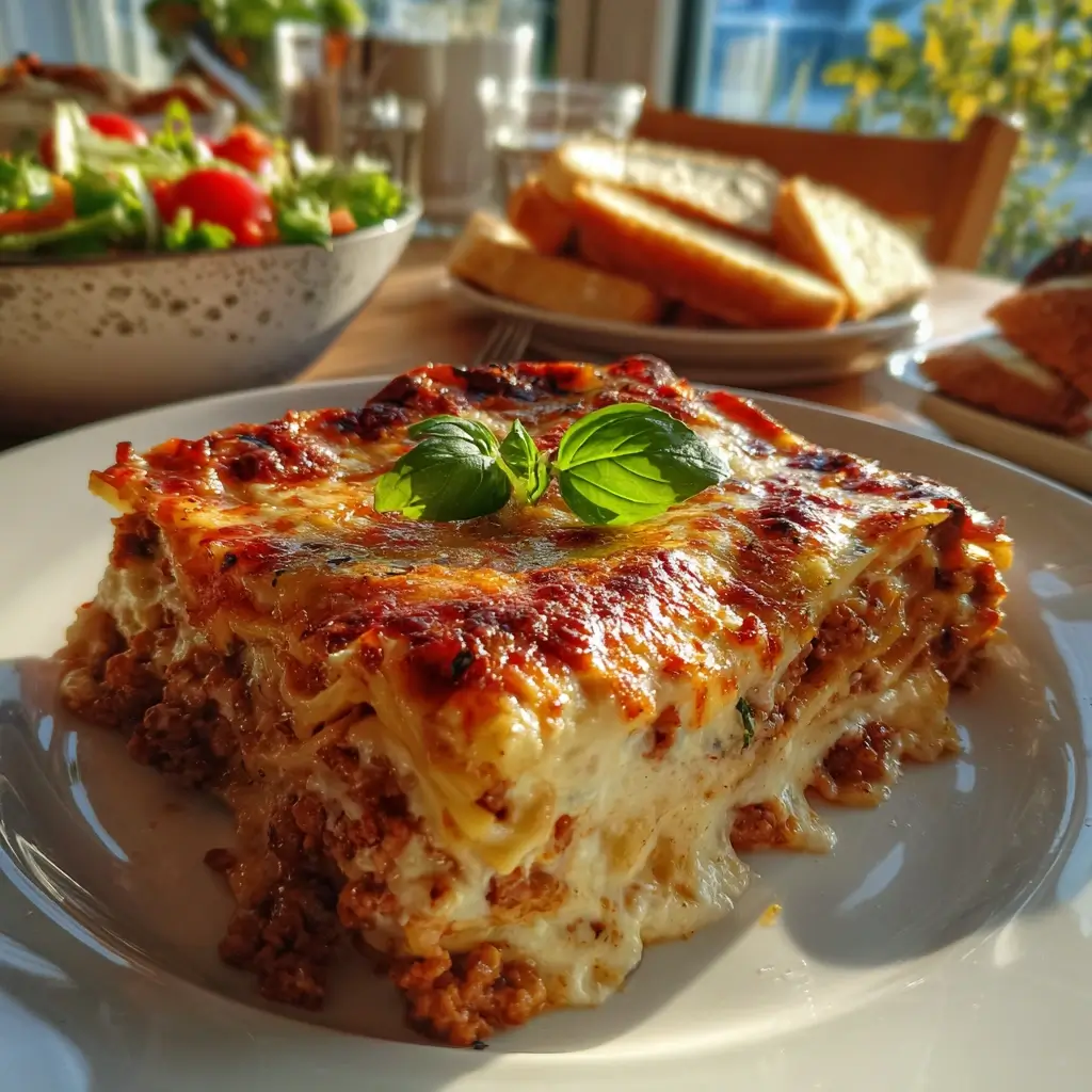 Rezept lasagne mit grünem Salat und Rotwein serviert