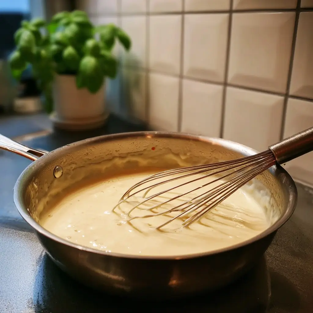 Béchamelsoße für das Lasagne Rezept Original wird in einem Topf cremig gerührt, mit Butter, Mehl und Milch.