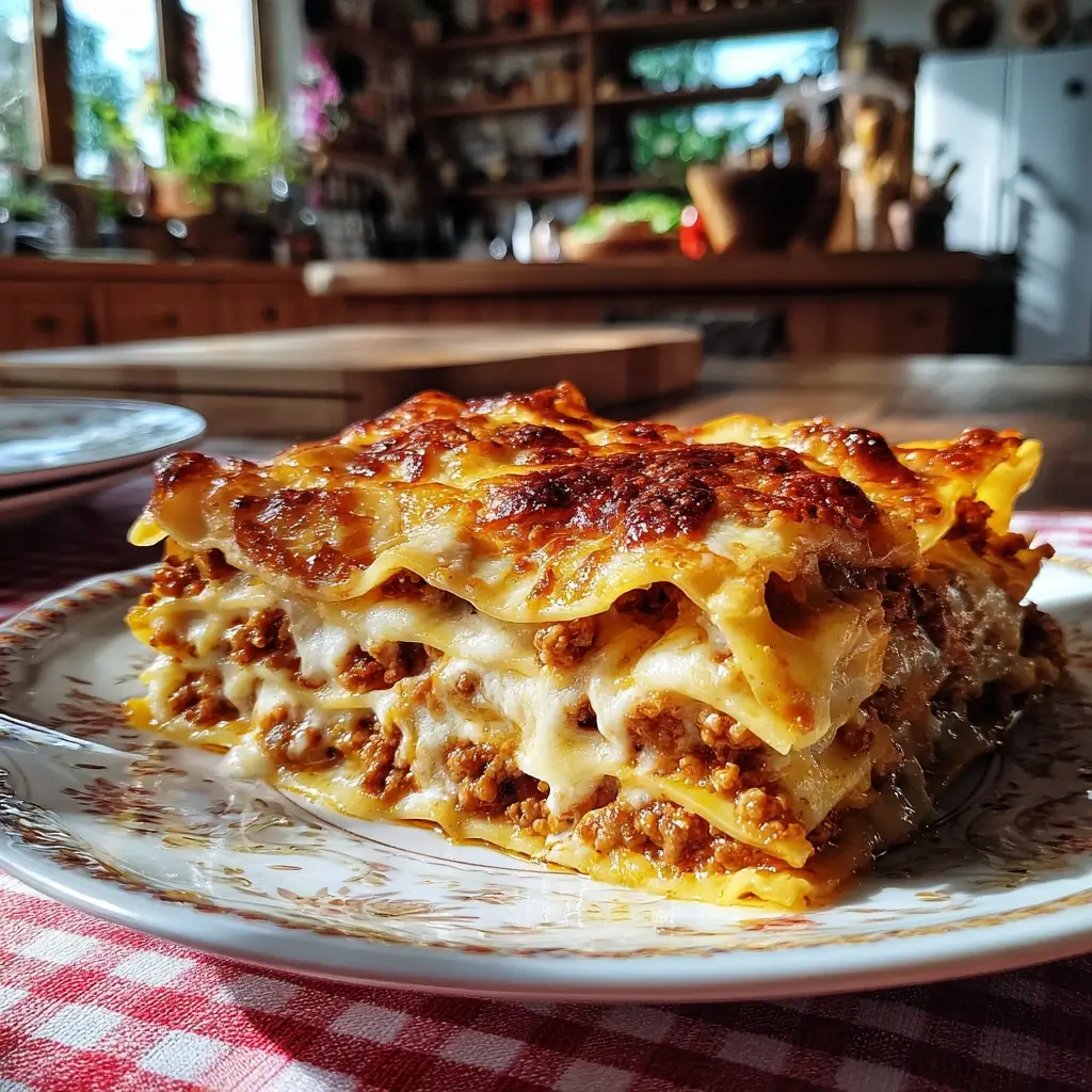 Rustikale frisch gebackene lasagne rezept einfach auf Holztisch mit warmem Sonnenlicht
