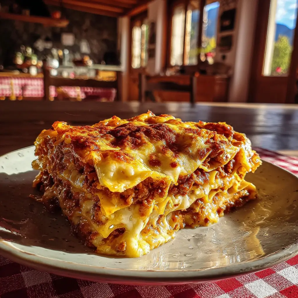 lasagne rezepte auf einem rustikalen Tisch mit goldener Käsekruste und italienischem Küchenhintergrund
