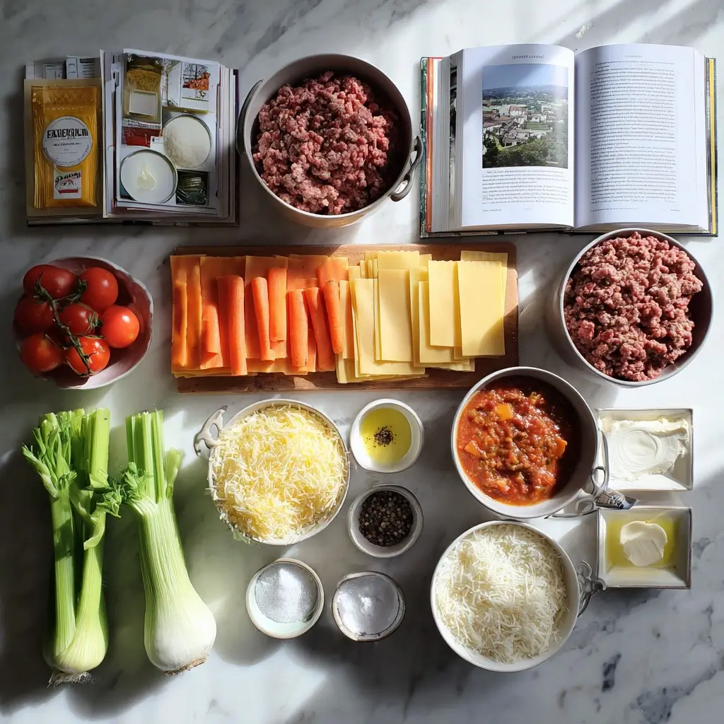 frische zutaten für lasagne rezepte auf einem hellen Küchentisch ordentlich angeordnet