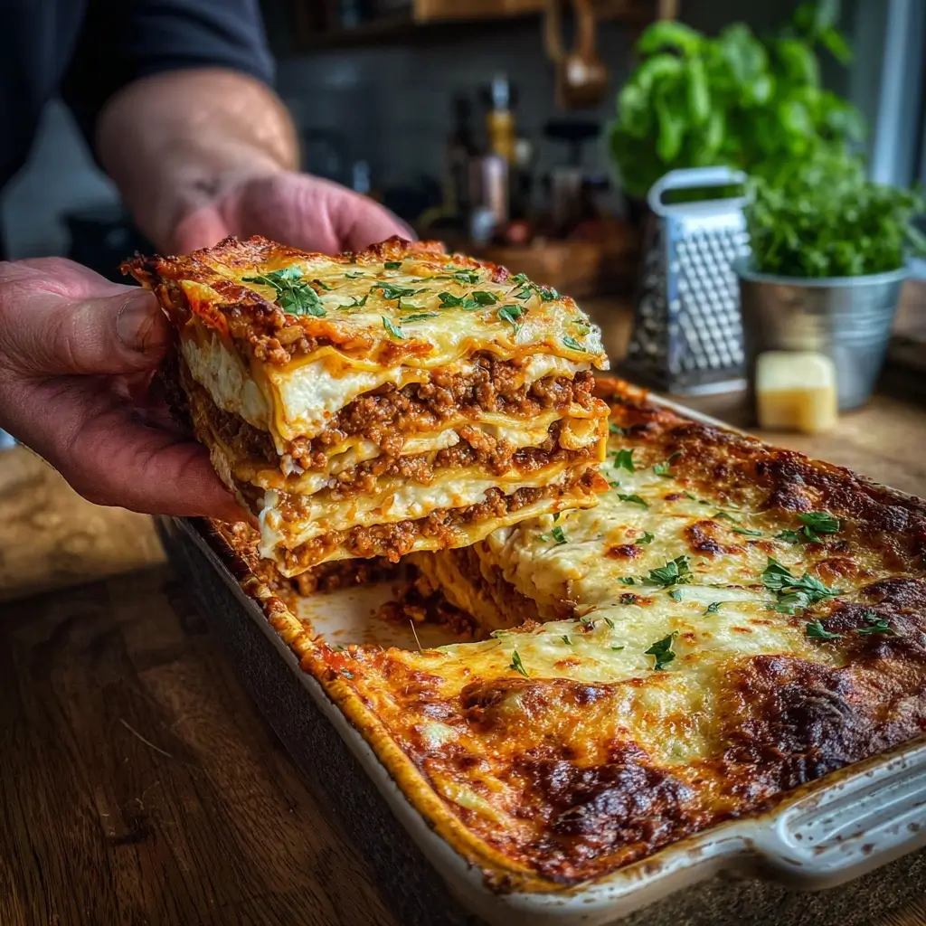 Lasagne Rezept Original mit mehreren saftigen Schichten aus Bolognese, Béchamel und Pasta, ein großes Stück frisch serviert und in der Hand gehalten.